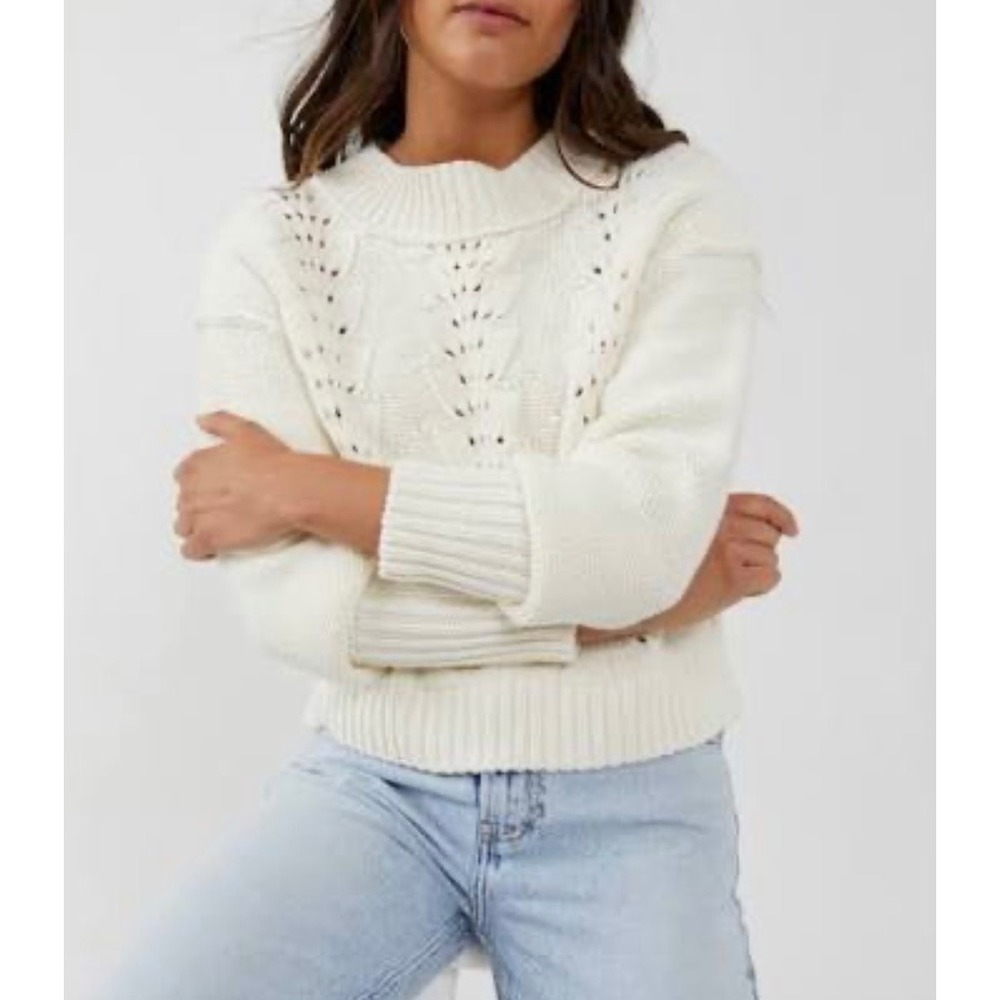Free People Belle Song Size Small Pointelle Knit Sweater Cream Ivory Boho - Picture 2 of 10